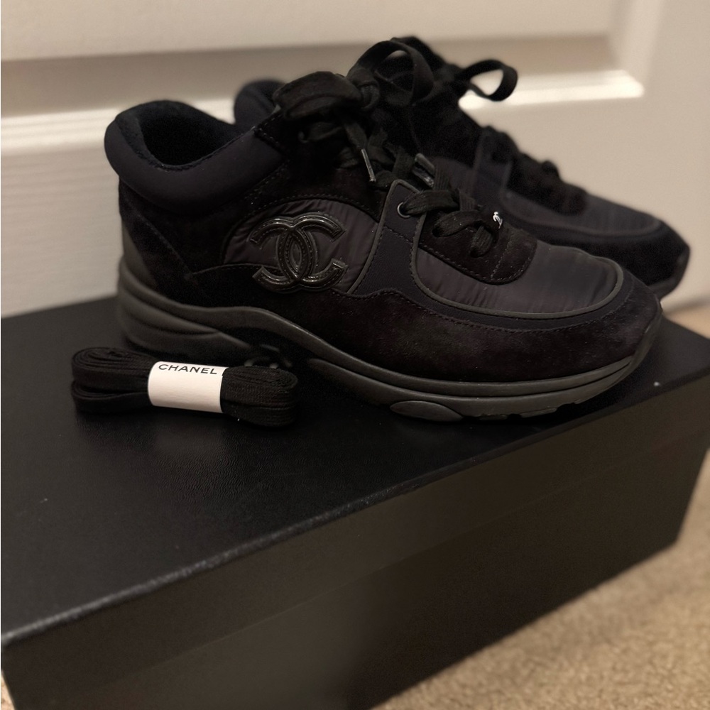 CHANEL | Shoes | Chanel Black Sneakers With Signature Doublec Logo